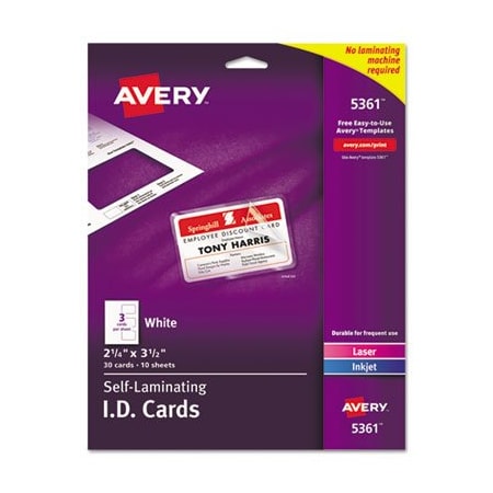 Avery Dennison Avery, Laminated Laser/inkjet Id Cards, 2 1/4 X 3 1/2, White, 30/box 5361